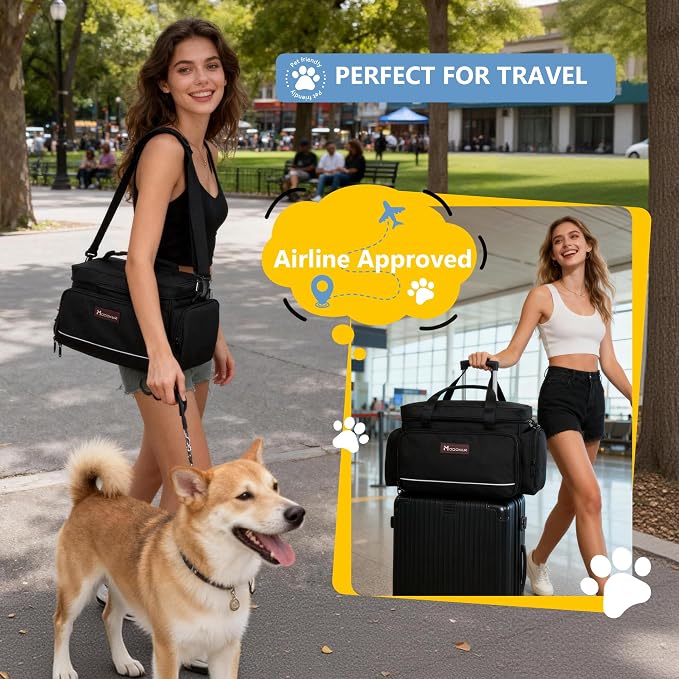 Modoker Large Dog Travel Bag Set with 2 Bowls and Food Bags, 17L Black | Large Pet Travel Organizer with 2 Food Containers, 2 Collapsible Bowls, Feeding Mat, Multiple Pockets and Adjustable Flap - Image 5
