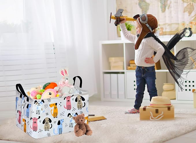 Rectangle Gift Storage Basket Home Shelf Storage Basket Organizer Box Clothes Laundry Hamper Nursery Basket Laundry Basket with Handles (Dog) - Image 7