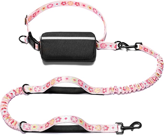 Hands Free Dog Leash with Zipper Pouch, Colorful Flower, Large | Waist Leash, Dual Padded Handles, Shock-Absorbing Bungee, Adjustable Waist Belt, Walking and Running by iYoShop