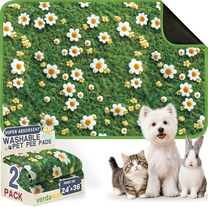 Washable Pee Pads for Dogs, Reusable Puppy Potty Training Pads, Ultra-Absorbent Thick Waterproof Leak-Proof Non-Slip Pads & Mat for Crate, Playpen, Floor, Whelping & Housebreaking , 2 Pack 24"x36" by Verdasun