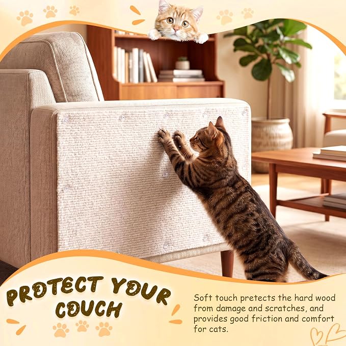 Shinylin 2 Pack Cat Scratch Mat 78.7"x15.8", Beige | Self-Adhesive Trimmable Cat Scratching Carpet, DIY Cat Scratch Pad for Couch Sofa Wall Cats Tree, Durable Furniture Protector - Image 5