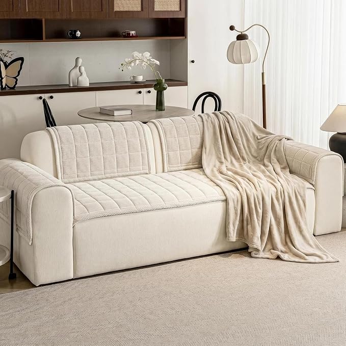 Couch Covers for Dogs, Non Slip Washable Pet Couch Covers for Sofa | 27.6”x94.5” Beige White Soft Velvet Sofa Covers for 4 Cushion Couch, Couch Protect Against Pet Hair, Scratches & Stains - Image 2