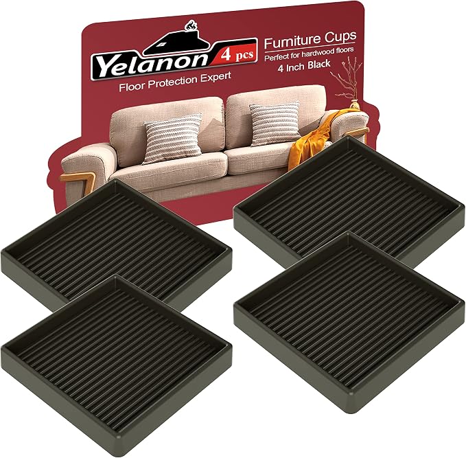 Yelanon Furniture Coasters,4 Pcs 4” Furniture Caster Cups - Non Slip Pads Hardwood Floors - Non Skid Furniture Grippers, Rubber Furniture Feet, Anti Slide Floor Protector for Bed Couch Stoppers by Yelanon