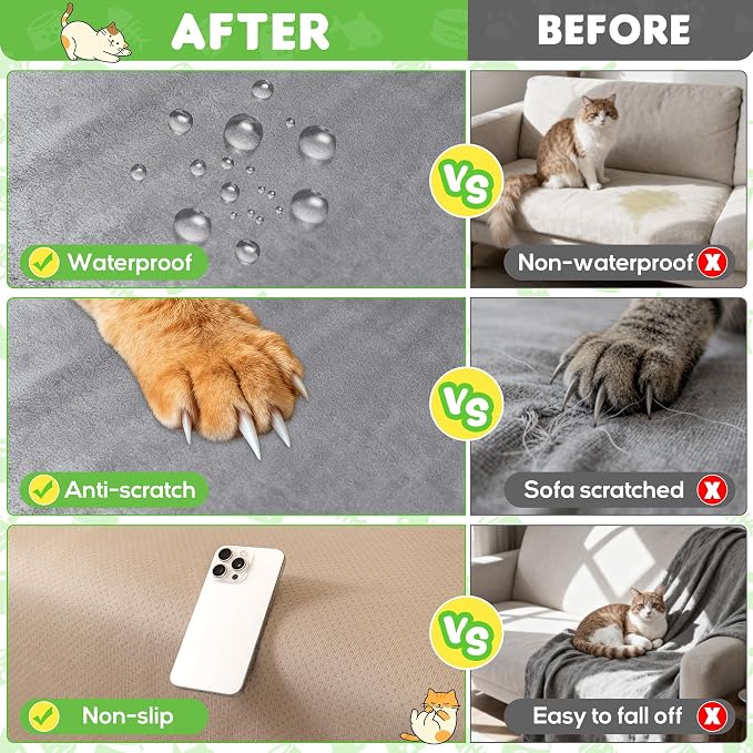 Loiion Cat Scratch Couch Cover Waterproof Sofa Cover 91"X71" Grey | Pet-Friendly Couch Protector, Anti-Scratch & Non Slip Sofa Cover For Cats Dogs Kids, Machine Washable - Image 7
