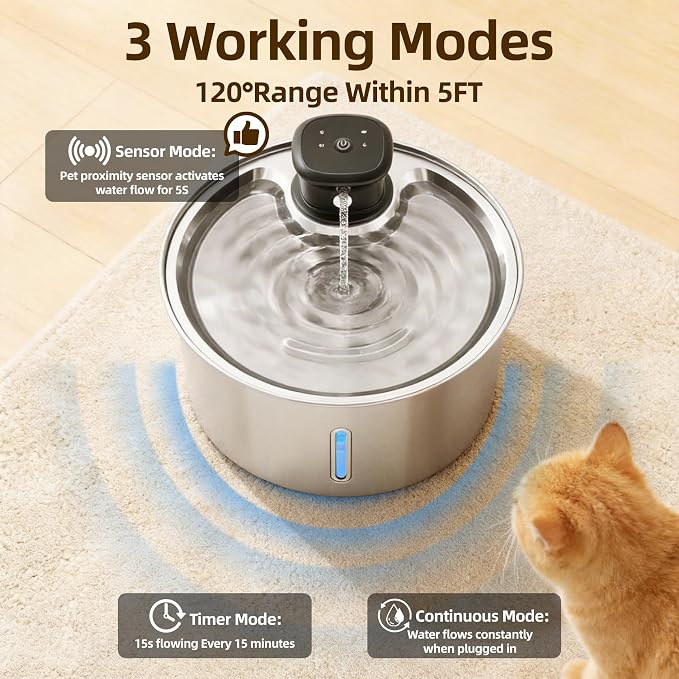 Wireless Cat Water Fountain,3.2L Stainless Steel Battery Operated | 1 Pack Filters | Cordless & Rechargeable | Motion Sensor | BPA-Free | DishwasherSafe | 20dB Ultra-Quiet | 108oz capacity - Image 2