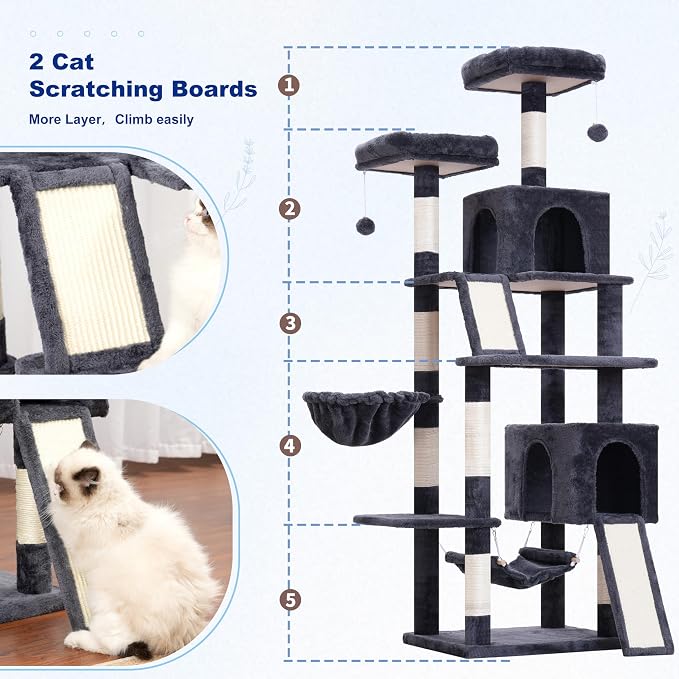 Cat Tree, 71'' Tower for Large Cat with Scratching Post, GCT032G | 2 Cat Condo House for Indoor Cats Large Adult, 2 Scratching Boards, 7 Posts, 2 Plush Perches, Hammock, Basket, Smoky Gray - Image 5