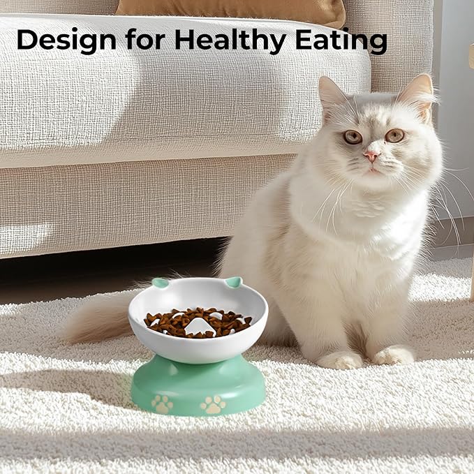 Y YHY Slow Feeder Cat Bowl, Ceramic Elevated Cat Bowl Tilted Design Slow Feeder for Dog and Cat for Dry and Wet Food, Green - Image 7