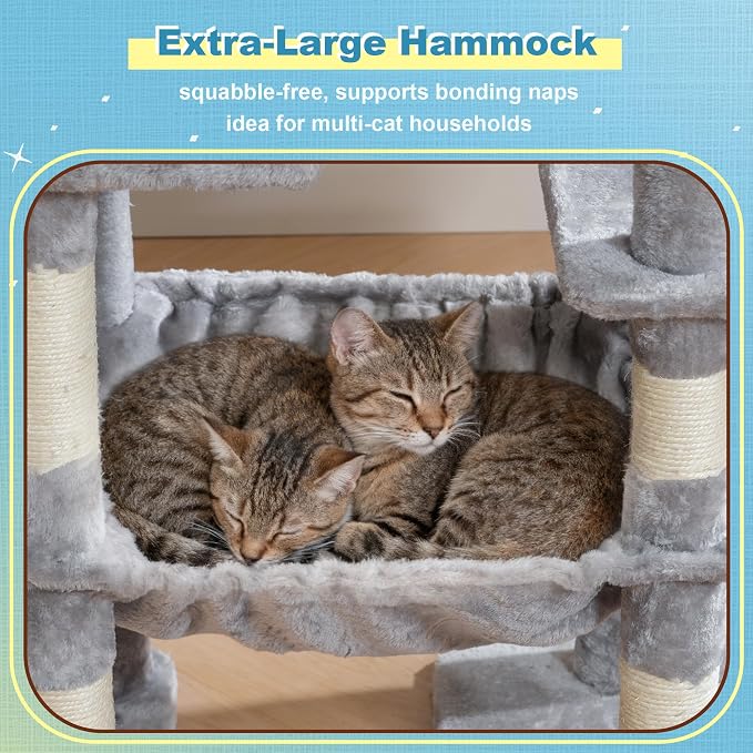 Hey-brother Cat Tree Tower with 3 Condos, Step Climbing Pathway MPJ081W | 74.8 Inches Scratching Post with 3 House, Hammock, Large Basket, Cozy Bed, Sisal Board, Toys for Big Indoor Cats, Light Gray - Image 6
