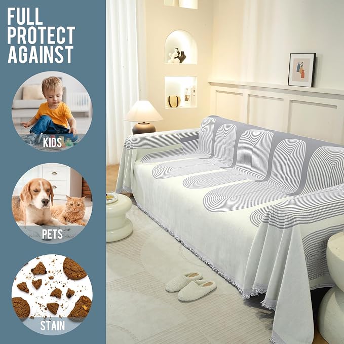 Couch Cover for Sofa, Boho Sofa Cover Washable Couch Cover for Dogs, Pet Sofa Cover for 3-Cushion Couches with Tassel Furniture Protector Cover,71" x 134",Light Gray-Half-Round - Image 4