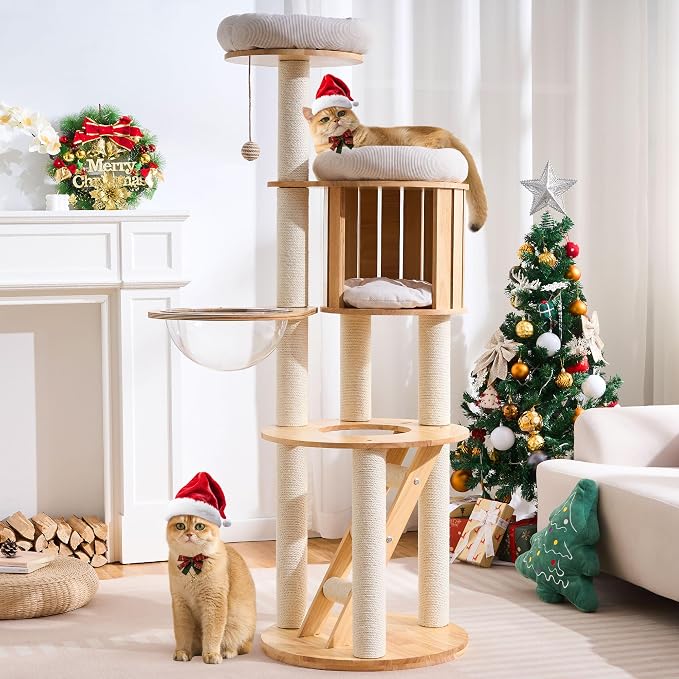 Solid Wood Cat Tree Tower with Scratching Post, 61 Inches Tall Cat Towers with Capsule and Condo, Modern Cat Tower with Hammock and Removable Top Bed for Indoor Cats.White - Image 2