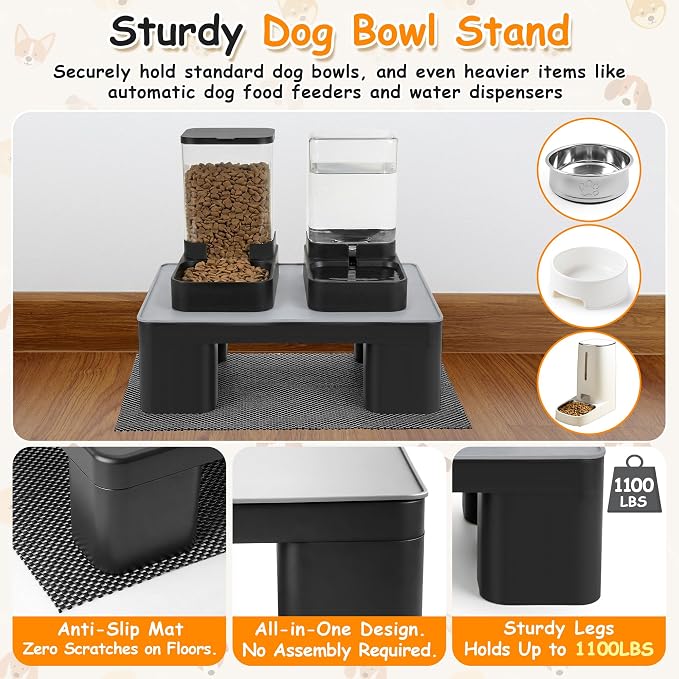 2 Pcs Elevated Dog Bowl Stand with Waterproof Dog Food Mat, Non-Slip, Black | Reduce Neck & Joint Strain, Easy to Clean Silicone Pet Feeding Mat, Sturdy Legs, Ideal for Small & Medium Dogs and Cats - Image 4