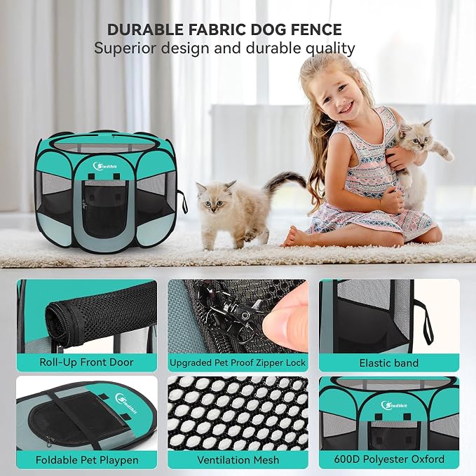 Siedihit Playpen for Small Dog Cat, Dogs Tent Crate Cage Indoor/Outdoor | Portable Pop Up Dog Kennel with Carrying Bag for Rabbits(Green, Small) - Image 7