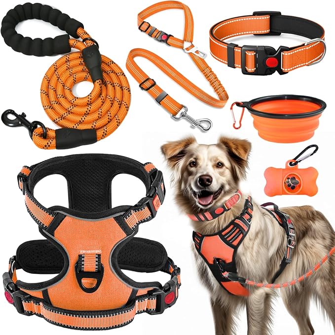 LOBEVE No Pull Dog Harness, Collar & Leash Set with Travel Accessories | Includes Dog Seat Belt, Collapsible Bowls & Poop Bag Dispenser. Ideal for Training, Walking, Hiking. Fits Small to Large Dogs by Lovebegetslove