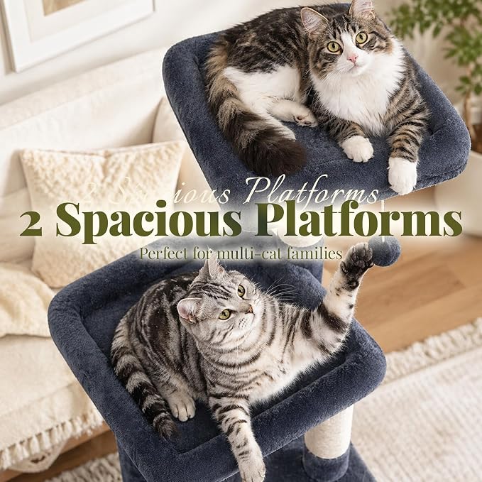 Hey-brother Cat Tree Tower with Steped Climbing Condos, Platforms, MPJ061G | 51.2 Inches Scratching Posts with 2 Spacious Condos, Self-Grooming Brush, Cozy Basket, Balls for Indoor Cats, Smoky Gray - Image 5