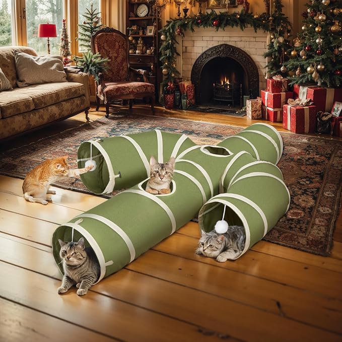 Ownpets Cactus Cat Tunnel 10" with Peek Holes for Indoor Large Cat, Green | Durable Oxford fabric, noise-free, foldable & connectable, multi-cat friendly, tube for cats up to 20lb, includes ball & wand - Image 9