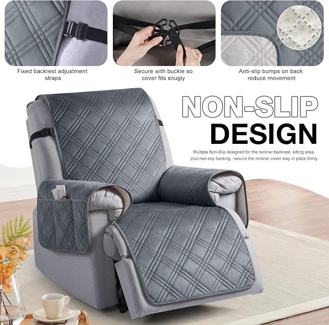 TAOCOCO 100% Waterproof Recliner Chair Cover, Recliner Covers for Recliner Chair with Pocket, Non Slip Reclining Chair Cover Furniture Protector for Kids, Pets(30'', Dark GreyVelvet) - Image 6