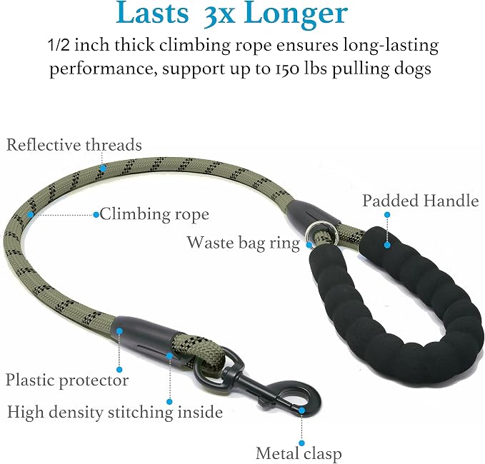 Double Dog Leash, 360° Swivel, No Tangle, Medium, Military Green | Dual Leash for Two Dogs, Split Leash, Shock-Absorbing Bungee, Padded Handle, Heavy-Duty Rope - Image 3
