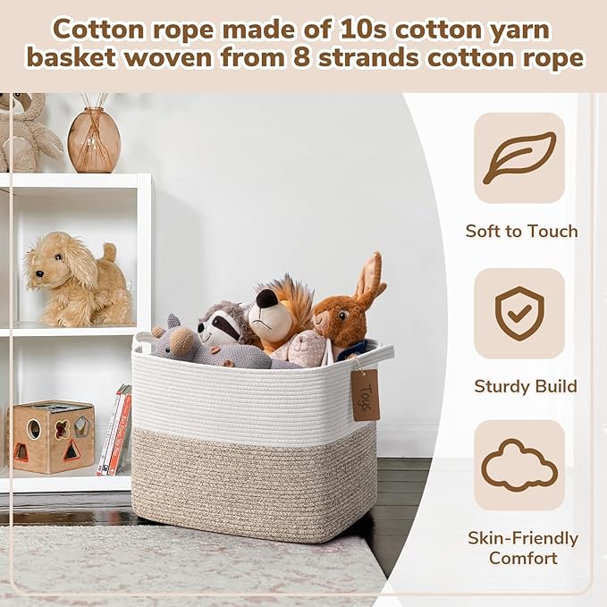 Goodpick 50L Large Woven Rope Storage Basket, Rectangle, Light Brown | 18" × 14" × 12" Stylish Gift Baskets for Living Room & Bedroom Organization, Cotton Rope Basket for Blanket & Toy Storage - Image 5