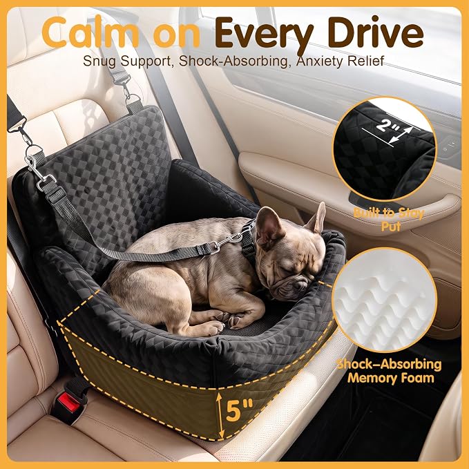 Topmart Dog Car Seat for Small Medium Dogs Under 35lbs, Cozy Pet Seat | Foam Safety Dog Booster Seat for Back Seat, Pet Bed for Car with Safety Tether, Storage Pockets, Machine Washable Cover Black - Image 2