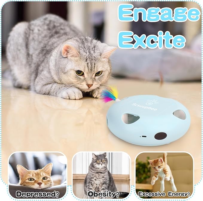 Rechargeable Interactive Cat Toy, Blue | Smart Sensor Pop-Up Feather Toy, 7 Holes, USB Powered Automatic, For Indoor Cats - Image 2