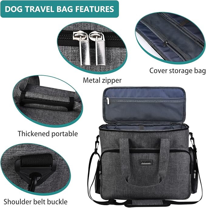 BAGLHER Dog Travel Bag, Airline Approved Pet Tote Organizer with Multi-Function Pockets, 2 X Food Storage Containers and 2 X Collapsible Bowls, Perfect Weekend Pet Travel Set for Dog, Cat Grey - Image 4