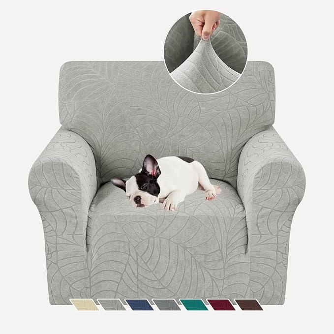 YEMYHOM Couch Cover Latest Jacquard Design High Stretch Sofa Chair Covers for Living Room, Pet Dog Cat Proof Armchair Slipcover Non Slip Elastic Furniture Protector (Small, Begonia Leaf Light Gray) by YEMYHOM