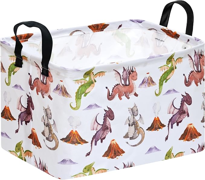 Round Laundry Basket Gragon Nursery Hamper Storage Bins Dinosaur room Decor | Waterproof Canvas Collapsible Storage Basket With Sturdy Handles Multi-scene Organizer Dinosaur For Play Bedroom Decor Gift by Unknown