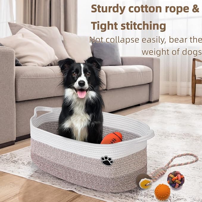Optish 40L Extra Larg Dog Toy Basket, Woven Rope Storage Basket,White-Brown | 20" x 14" x 9" XL Toy Storage Box and Bin with Handles for Living Room, Bedroom Organization, Foldable, Durable, Home Decor - Image 7