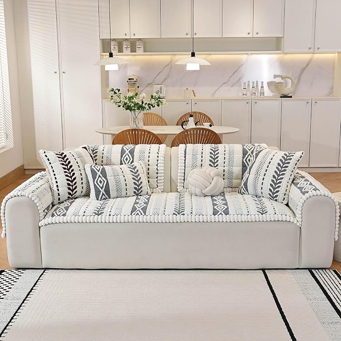 Couch Cover for Dogs, Washable Non-Slip Boho Geometric Pet Sofa Protector, Soft Sofa Slipcovers Cushion Protector for Dogs and Cats. (Light Gray, 27.6" x 82.7" x 1.5") - Image 2