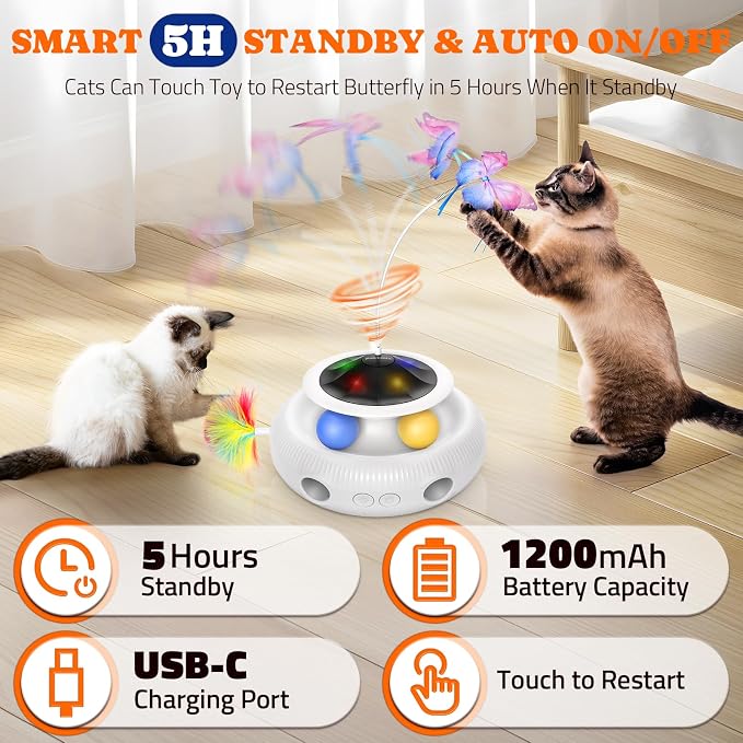 Pawtners Cat Toys, Automatic Interactive Kitten Toys for Indoor Cats, White | Fluttering Butterfly, Moving Feather, Track Balls and USB Rechargeable Powered Smart Indoor Exercise Kicker - Image 6