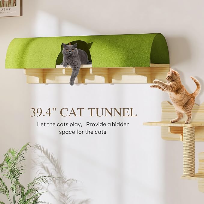7-in-1 Cat Shelves for Wall, Cat Wall Furniture Set with Tunnel | Multi-Level Floating Cat Shelves for Space Saving, Solid Wood Cat Climbing System with Scratching Posts, Burlywood - Image 3