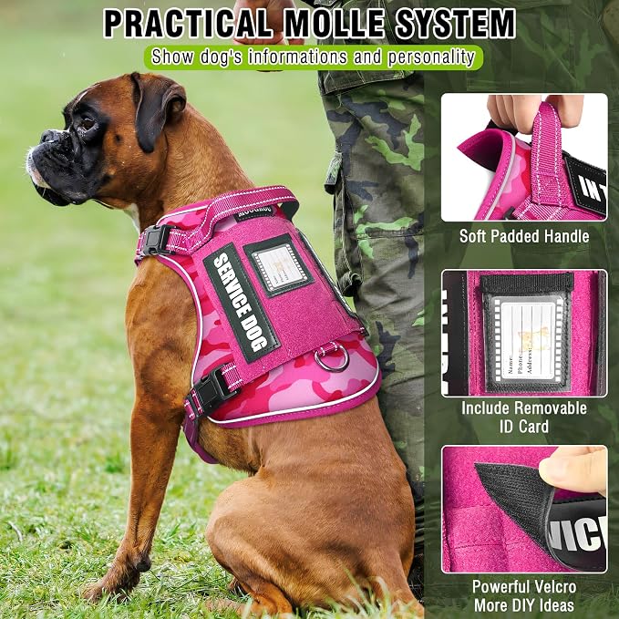 Tactical Dog Harness and Leash Set with 10 Patches for Large Dogs | Heavy Duty No Pull Service Dog Vest with Dog Seat Belt ,Adjustable Reflective Easy Walk for Training Hiking Camo Pink XL - Image 2