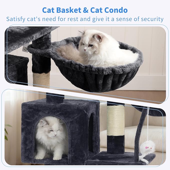 Heybly Cat Tree with Toy, 43.3 inch Cat Tower for Indoor Cats HCT004SG | Cat Condo with Durable Sisal Scratching Posts, Cat House with Padded Plush Perch, Cozy Hammock, Smoky Gray - Image 3