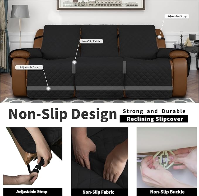 Easy-Going Oversized Recliner Sofa Cover, Reversible Couch Cover for 3 Seat Recliner, Split Sofa Cover for Each Seat with Elastic Straps for Kids, Dogs, Pets (3 Seater, Black/Black) | Sofa Slipcover For Dogs, Sofa Cover For Oversized Recliner, Furnitur... - Image 4
