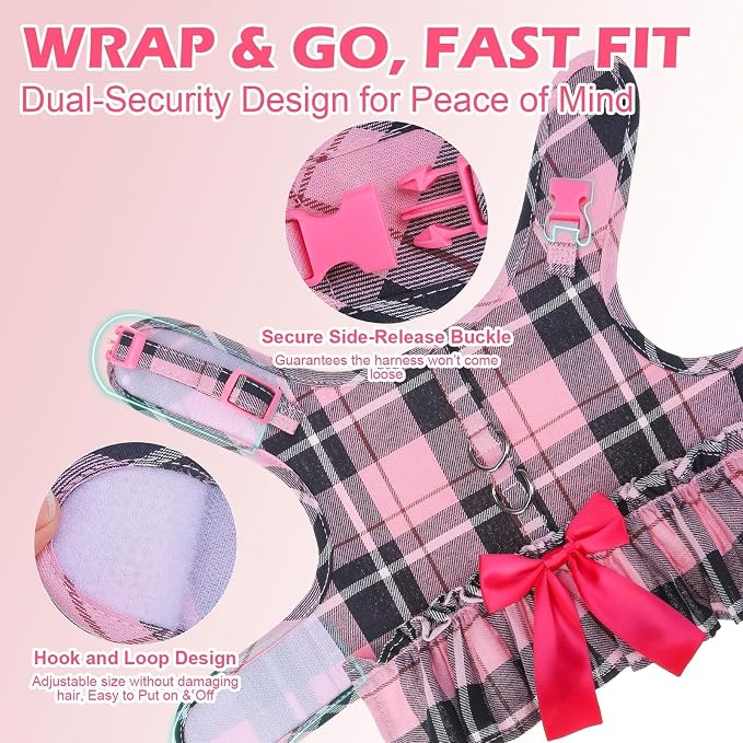 EXPAWLORER Dog Harness Small Medium Sized Dogs, No Choke No Pull Mesh Vest | Plaid Dog Dress Bowknot Harness and Leash Set Soft Cute Princess Puppy Outfits Clothes Costume for Girls Party Cats Pink XS - Image 6