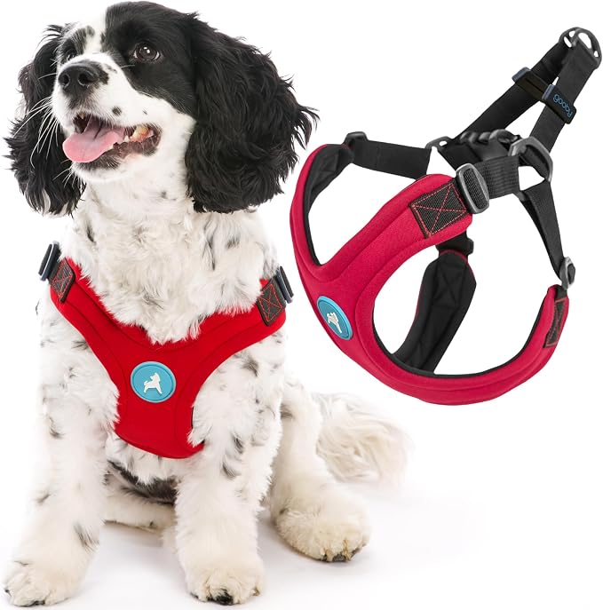 Gooby Escape Free Sport Dog Harness, Choke-Free, Red, Medium | Patented escape-free frame; Reduces choking; 4-point adjustment; Soft neoprene padding; Durable webbed straps by Gooby