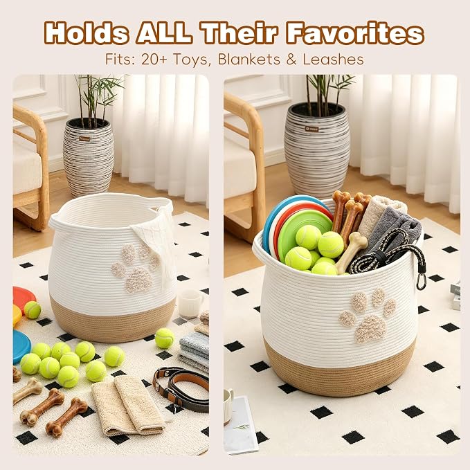Large 17.7" Cotton Rope Pet Toy Storage Basket with Cute Paw Print - Woven Dog Toy Bin & Cat Organizer - Soft Round Hamper for Puppy Blankets, Treats, Nursery & Living Room Storage - Image 3