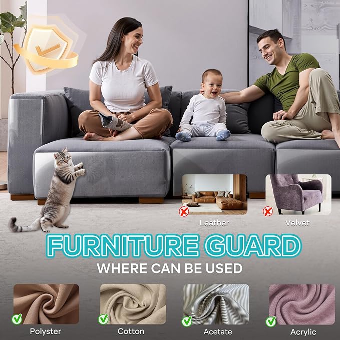 Anti-Cat Scratch Furniture Protector - Clear Vinyl Couch Protector from Cat Claws, Scratch Deterrent Tape for Sofa Corners, Single-Sided Sticky Couch Protector for Cats (200"x 12.4") - Image 3