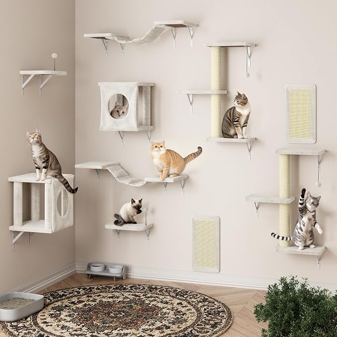 Cat Wall Shelves, 10-in-1 Wall-Mounted Cat Furniture Set | Large Cat Climber Set with House, Bridge, Steps, Scratcher, DIY Playground, Shelves for Indoor Wall Furniture Set, Beige - Image 2
