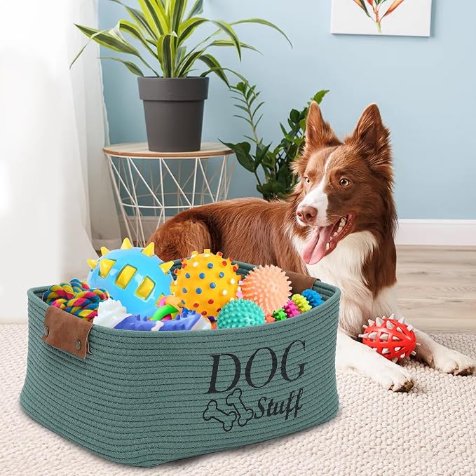 Geyecete Square Dog toy basket storage Cotton Rope Storage Basket Pet/Pet Toy And Accessory Storage Bin Doy Toy Box-Green - Image 7