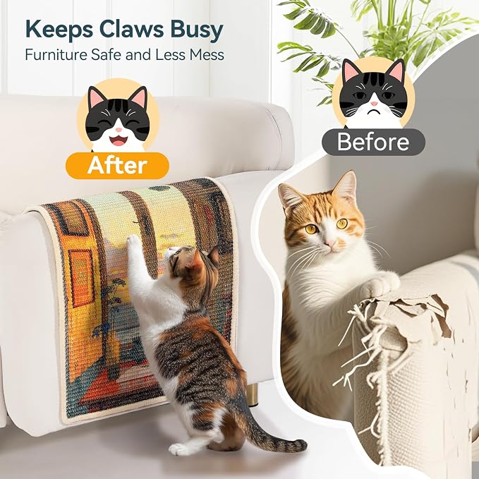 3-in-1 Sisal Cat Scratcher Mat 23.6x15.7 – Durable Scratch Rug for Floor & Wall with Sticker Tape, Protects Couch, Carpet & Furniture, Anti-Slip, Pet-Safe for Indoor/Outdoor Cats, Golden Afterglow - Image 6