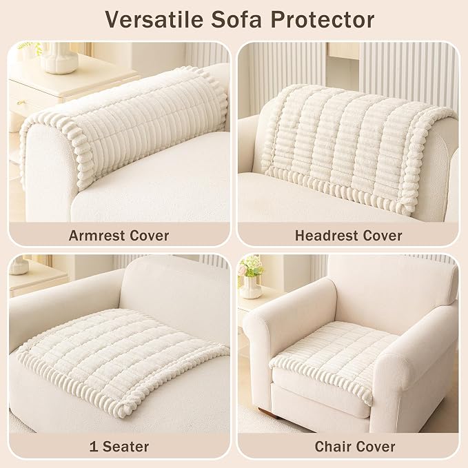 MEETSKY Couch Arm Covers for Dogs, Non Slip Plush Chair Covers Washable | Thick Non Slip Couch Protector for Armrest, Recliner Chair Arm Protector, Pet Hair & Scratch Protection, Cream, 27.6" x 27.6" - Image 3