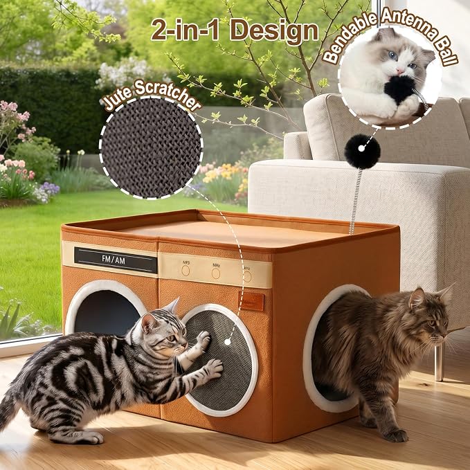 Retro Radio Cat House, Large Foldable Cat Bed Indoor Cat Cave | Spacious Multi-Cat Sleeping Hideaway Pet Nest, Non-Sticky Fur Fabric, Scratch Pad & Bendable Antenna Ball 13×19.7×15.8 Inches - Image 2