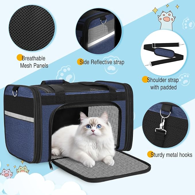 HUANLANG Large Cat Carrier Soft Sided Travel Pet Carrier Airline Approved | Dog Carriers for Small Dogs Medium Cats,Collapsible,3 Storage,zipper lock,Reflective strips,Luggage Strap, Up to 15 Lbs - Image 3