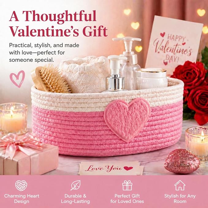 Geelin 3 Pcs Pink Heart Baskets for Gifts, Woven Rope Storage Bins | Rope Design with Heart Decor, Great for Bedroom Shelf Organizing, Nursery Toys, Laundry, Oval 11.8"x7.8"x4.7" - Image 6