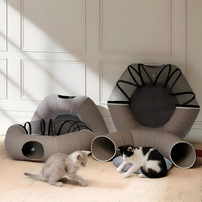 COZIWOW Cat Tunnel Bed for Indoor Cats, 2-in-1 with Splicing Design | Dual Material Cushion & Hanging Toys, Adjustable & Foldable Shape, Cat Donut Cave for Kitten/Bunnies(Grey) - Image 7