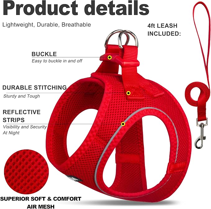 Fida Comfy Dog Harness with Leash, Soft Puppy Vest Escape Proof, Breathable Lightweight Soft Mesh, Adjustable Reflective Step-in Harness for Cat & Extra-Small Pet (XS, Red) - Image 2