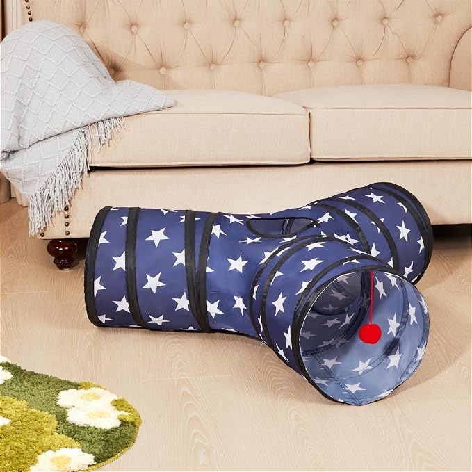 Tempcore Cat Tunnel for Indoor Cats, 3 Way Collapsible Pet Play Tunnel with Teaser Wand, Peek Holes & Hanging Ball, Interactive Tube for Kittens & Rabbits, Pentagram Printed - Image 2