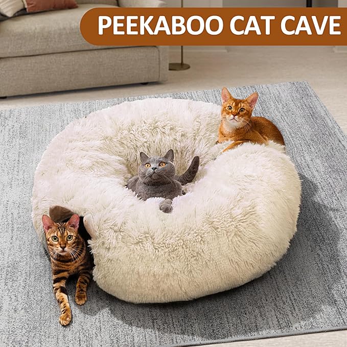 Cat Tunnel with Cat Bed for Indoor Cats, Soft Plush Peekaboo Cat Cave Donut Tunnel, Multifunctional Playground Toys Hideplace for Small Medium Large Kittens, Rabbit, Ferret (Cream White) - Image 8