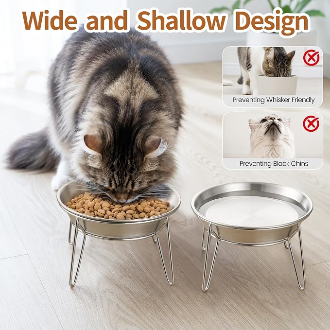 WROSWT Elevated Cat Bowls, 304 Stainless Steel Raised Cat Dishes with Stands, Wide Shallow Anti-Vomiting Kitten Feeder for Whisker Fatigue Relief, Food and Water Bowls Set for Indoor Kitten, 2 Set - Image 7